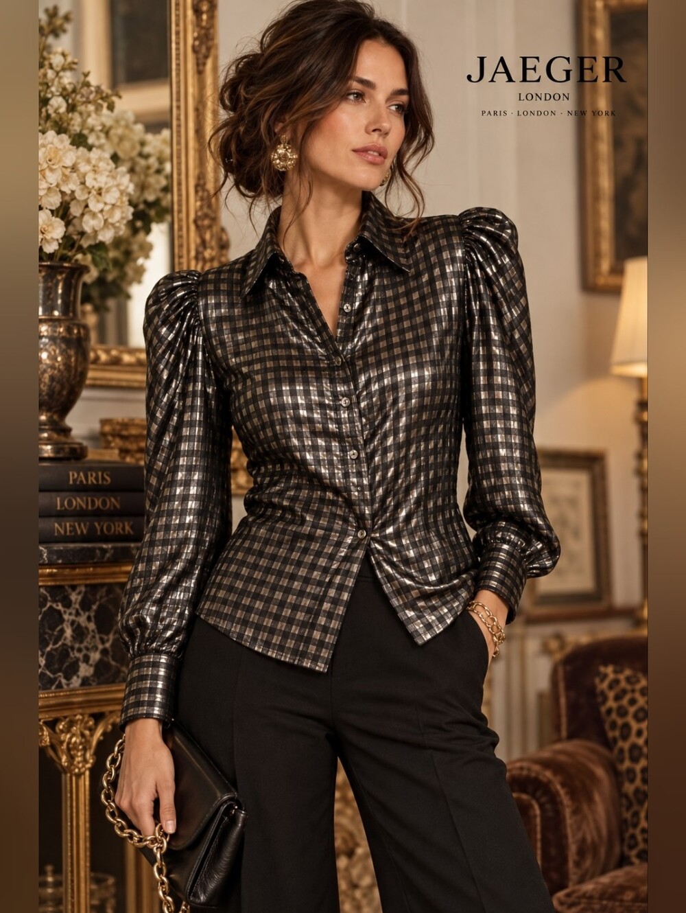 Jaeger London Vintage Metallic Silver Gingham Puff Shoulder Button Down Shirt